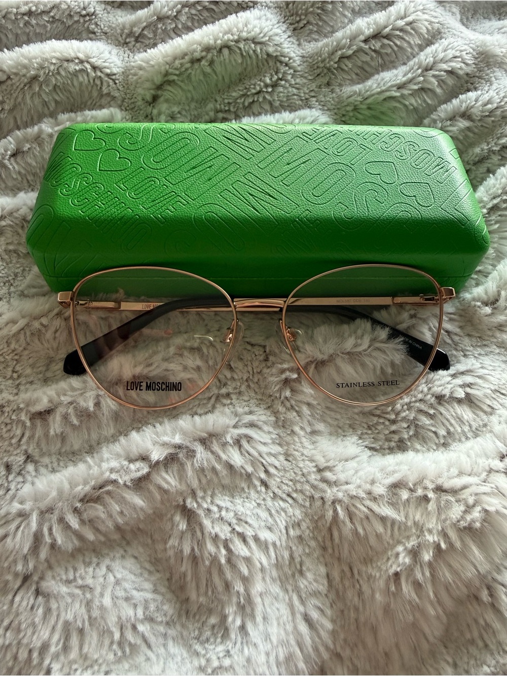 Love Moschino Rose Gold Round Glasses with Bright Green Case